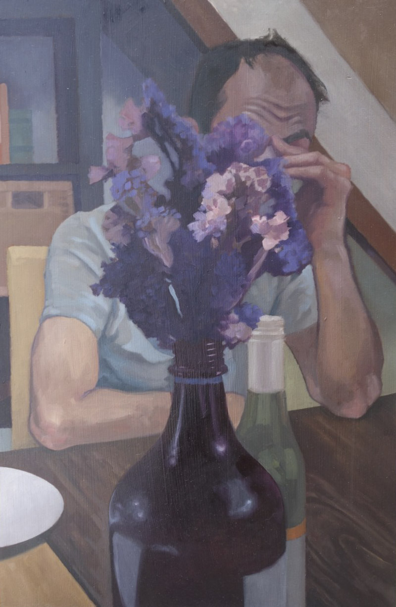 Oil painting on board depicting a man sitting at a table with his hand to his head. The man's face is obscured by a vase of flowers.