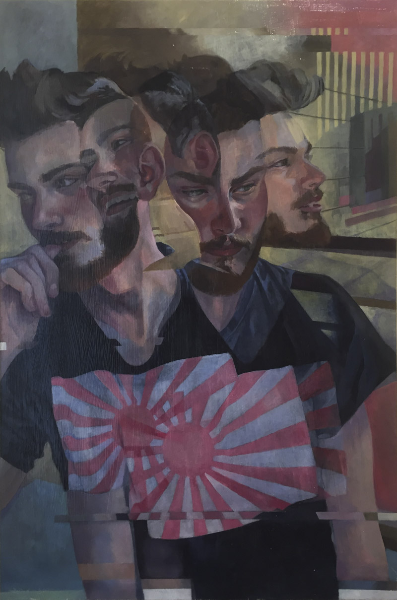 Oil painting on board depicting multiple overlapping views of a man looking in different directions and with different expressions.