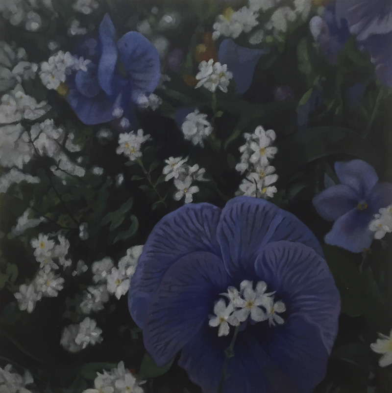 Oil painting on board depicting large blue-purple flowers among smaller white flowers, with a background of green leaves.