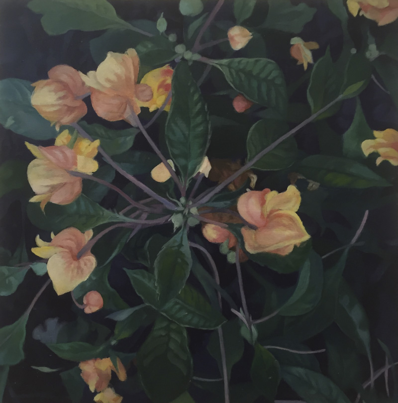 Oil painting on board depicting orange flowers in a garden of green leaves.