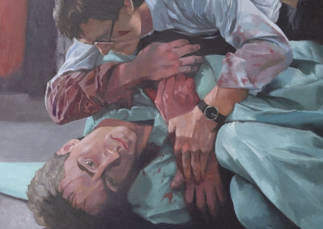 Oil painting on board depicting a wounded man lying on the ground, being assisted by another person. There is blood present on the subject's clothes and hands.