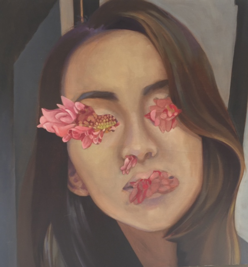 Oil painting on board depicting a girl's face. The girl's eyes, mouth and nose are obscured by flower petals.