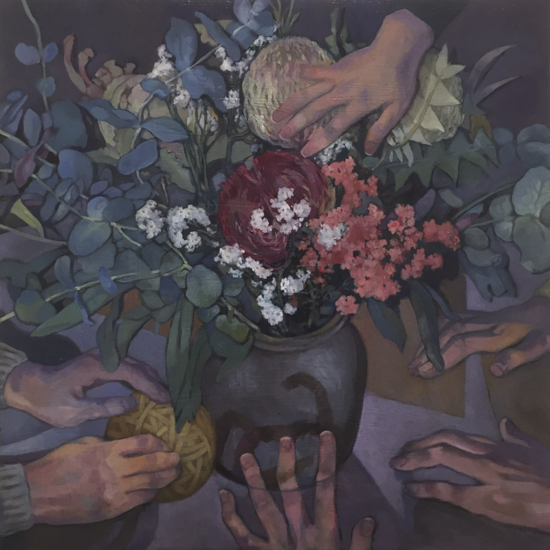 Oil painting on board depicting a vase of flowers with many hands reaching towards it.