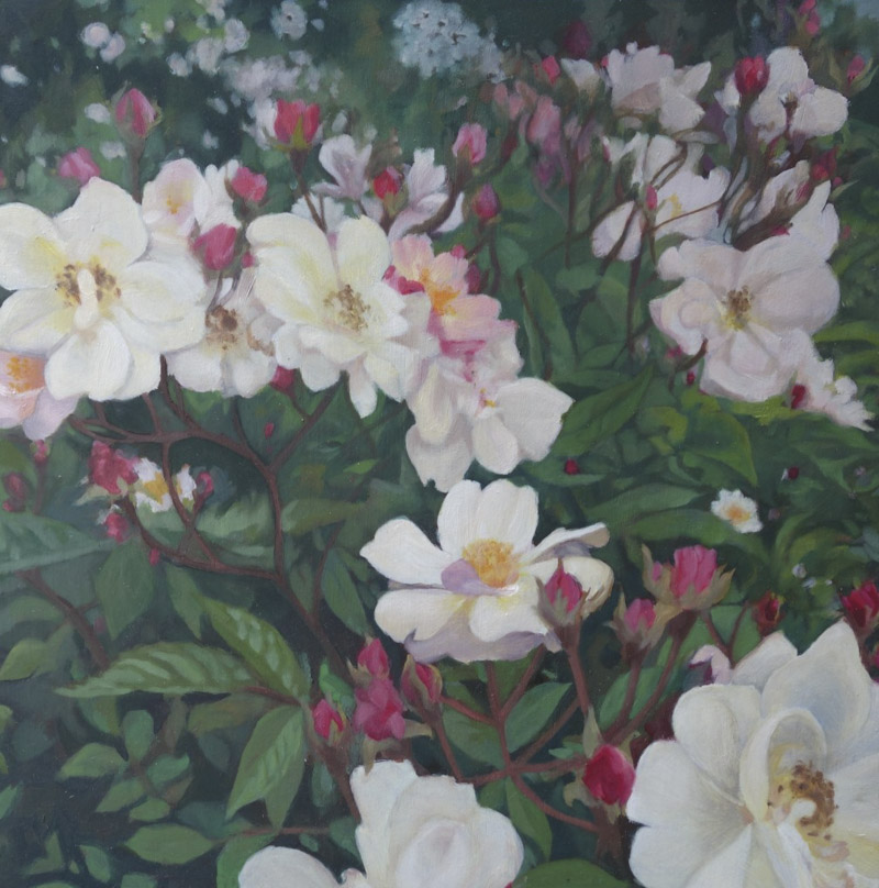 Oil painting on board depicting white flowers in a garden of green leaves.